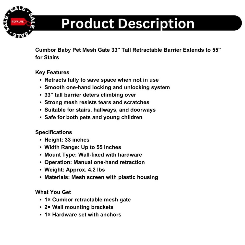 Cumbor Baby Pet Mesh Gate 33" Tall Retractable Barrier Extends to 55" for Stairs - Picture 2 of 11